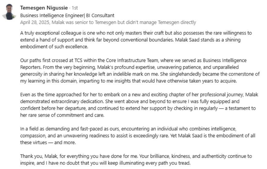 Recommendation letter from Temesgen at TCS, April 2025